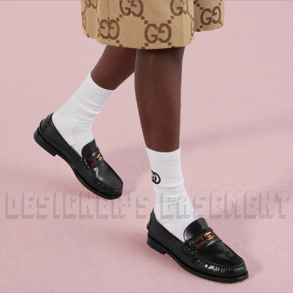 Gucci 13 black KAVEH polished Leather DOUBLE G WEB detail Loafer Shoes NIB - Picture 3 of 13